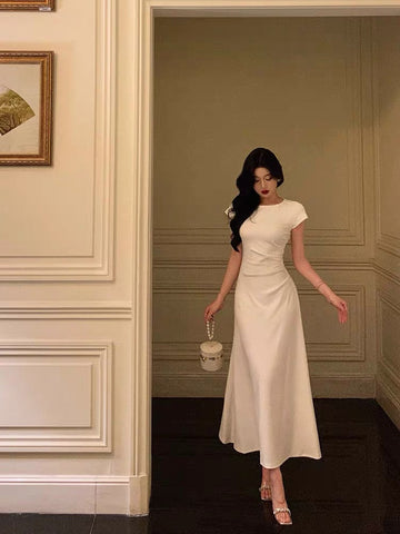 A Line Scoop Pleated White Prom Dresses Birthday Outfits Evening Gown SD807